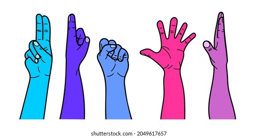 Hands with different gestures and different colors of the net. For use on textiles, packaging paper, souvenirs, printing, posters, postcards. Vector illustration.