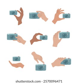 Hands in different gestures holding a retro photo camera. Photographer, reporter, paparazzi arm with equipment. isolated vector icons