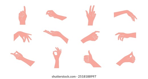 Manos en diferentes gestos. Conjunto de iconos de manos humanas. Los dedos y el gesto de la palma. Vector.
