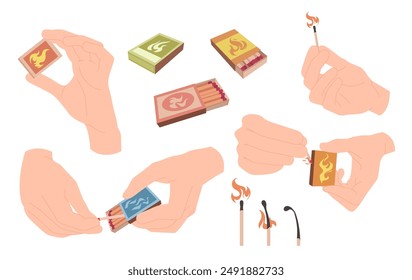 Hands with different gestures to light matches set. Human fingers hold burning matchstick and box for smoking, wooden sticks burn with flame, open and closed matchbox cartoon vector illustration