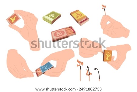 Hands with different gestures to light matches set. Human fingers hold burning matchstick and box for smoking, wooden sticks burn with flame, open and closed matchbox cartoon vector illustration