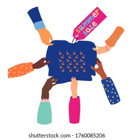 Hands in different gestures pull  sweatshirt with anchors in different directions. Summer sale concept. Special offer. Hand drawn vector illustration. Various patterns on clothes sleeves: dots ,stripes