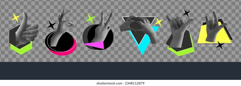 Hands and different gestures set. contemporary art. Retro halftone effect. Vector illustration