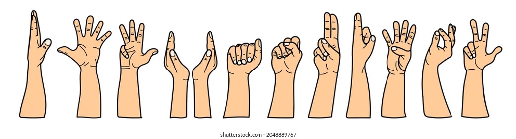 Hands with different gestures set. For use on textiles, packaging paper, souvenirs, printing, posters, postcards. Vector illustration.