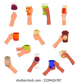 Hands with different hot, alcoholic and refreshing drinks, flat vector illustration isolated on white background. Big set of hands with hot and alcohol beverages.
