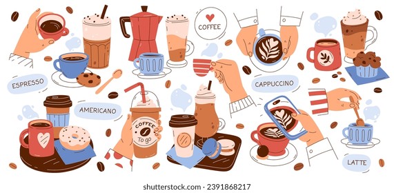 Hands with different hot aroma coffee drinks and sweet desserts isolated set vector illustration. Cappuccino, espresso, americano, latte beverage and snacks for breakfast, lunch or coffee-break