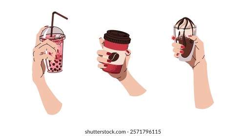 Hands with different hot aroma coffee drinks. Cappuccino, espresso, Americano, latte Beverage for Breakfast, Lunch or Coffee Break. Flat vector illustrations isolated on white background