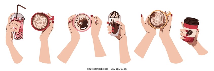 Hands with different hot aroma coffee drinks. Cappuccino, espresso, Americano, latte Beverage for Breakfast, Lunch or Coffee Break. Flat vector illustrations isolated on white background