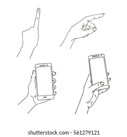 Hands in different interpretations. Mobile phone in hand. vector icon Vector illustration. Isolated on white background