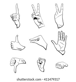 Hands in different interpretations. Vector illustration. Isolated on white background.