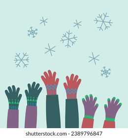 Hands in different knitted gloves catch snowflakes, hand drawn flat vector illustration. Concept for childhood, knitting, congratulations on winter holidays, New Year, Christmas. Design card 