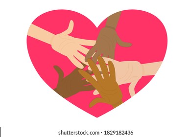 Hands of different nationalities in the heart are isolated on a white background. Vector illustration in flat cartoon style. No to racism. All skin colors in one heart.