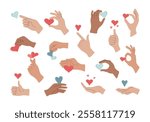 Hands of different nationalities hold red and blue hearts. Symbol of love, life, charity, care, help and solidarity. Support and volunteer icon. Like sign. Isolated vector illustration