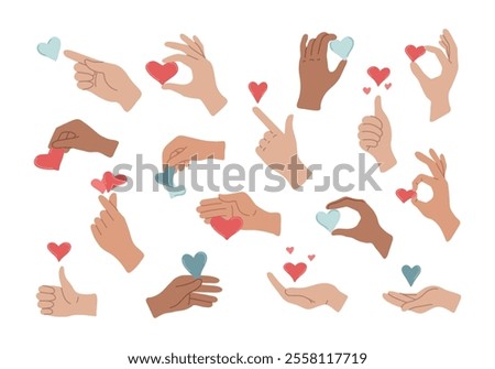 Hands of different nationalities hold red and blue hearts. Symbol of love, life, charity, care, help and solidarity. Support and volunteer icon. Like sign. Isolated vector illustration