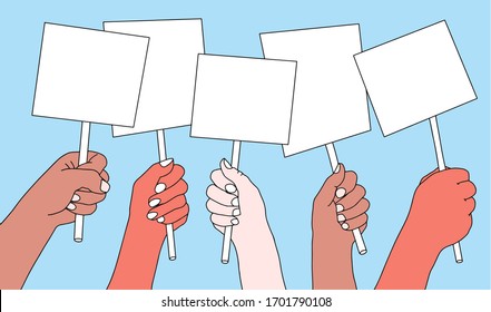 Hands of different nationalities holding empty protest sign. Copy space for text. Poster empty,protest announcement board. Modern concept for web banners,infographics. Vector cartoon flat illustration.