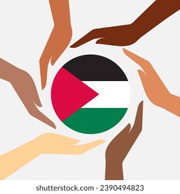 Hands of different nationalities protect the Palestinian flag. Vector round Palestinian flag. Isolated on white background	
