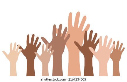 hands of different nationalities reach up on a white background