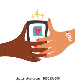 Hands of different nationalities touch the phone. Virtual love brings you closer via smartphones. Vector flat illustration