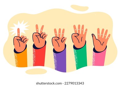 Hands with different number of bent fingers starting from one to five for teaching mathematics at school or in kindergarten. Concept of using hands to train kids to count on fingers