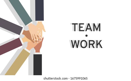 The hands of different people are folded on top of each other. Vector illustration, flat cartoon, eps 10. Concept: teamwork, interaction, help, support, brainstorming, colleagues, work team.