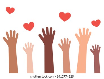 Hands of different people and hearts on a white background. Tolerance. Vector illustration.