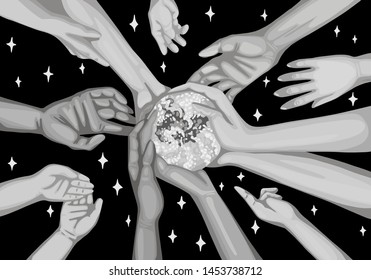 Hands of different people help and hold the earth, plant plants, save the planet. Horizontal poster. Vector flat cartoon illustration