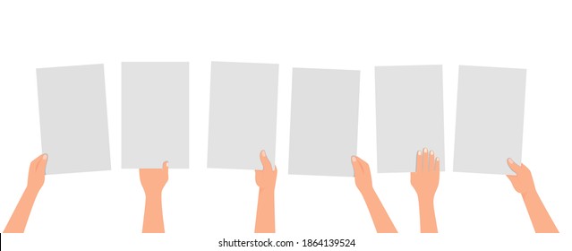 The hands of different people hold blank white sheets of paper in their hands for placing text on them. Hand with a transporter, jury score. Vector flat cartoon illustration isolated.