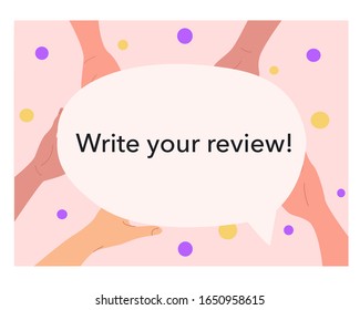 Hands of different people hold speech bubble. Customer service support concept rating, feedback, reviews. Suitable for online store. Horizontal banner. Vector stock illustration.

