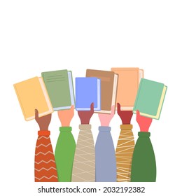 The hands of different people are holding many books up. Concept: love to read, education, science, return to school. Vector illustration, flat cartoon color minimal design, isolated.