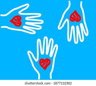 Hands of different people on a blue background. Symbol. Vector illustration.