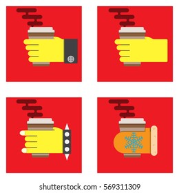 hands of different people with a plastic glass, hold coffee, fat design,vector image