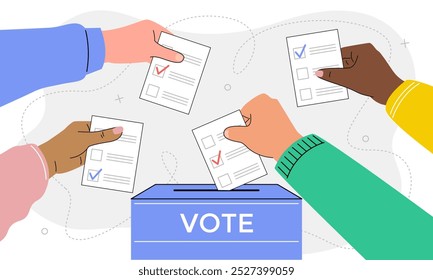Hands of different people putting a ballot into a ballot box. Election and voting concept. Vector stock illustration in flat style.