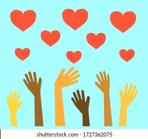 Hands of different people are raised up and a red heart. Symbol. Illustration.