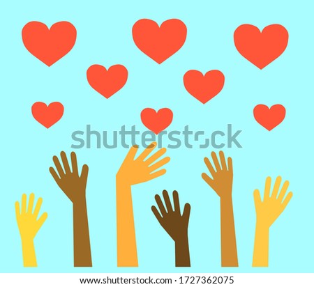 Hands of different people are raised up and a red heart. Symbol. Illustration.