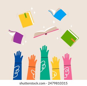 Hands of different people are reaching for books, knowledge. Colorful vector illustration
