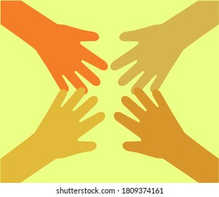 Manos de personas diferentes juntas. Símbolo. Ilustración vectorial.