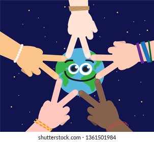 Hands of different people together. Vector illustration.