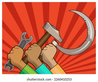 Hands of different people with a wrench, a hammer and a sickle against the background of the rays of the rising sun. Emblem, a symbol of the cohesion of the world working class. Vector illustration