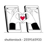 Hands from different phones show a heart gesture. Virtual love at a distance. Vector cartoon style illustration on the topic of online dating.