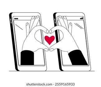 Hands from different phones show a heart gesture. Virtual love at a distance. Vector cartoon style illustration on the topic of online dating.