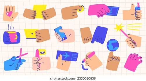 Hands in different poses holding paper, smartphone, scissors, airplane ticket, globe, bead, cup of tea, laptop, money, heart, magic wand, pencil, flag, coin, lighter. Hand drawn doodle cute hands set.