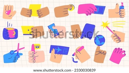 Hands in different poses holding paper, smartphone, scissors, airplane ticket, globe, bead, cup of tea, laptop, money, heart, magic wand, pencil, flag, coin, lighter. Hand drawn doodle cute hands set.
