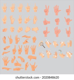 Hands in different poses and different signs. Washing the hands. Vector hands. Hands beckoned.