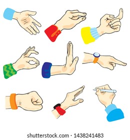 Hands in different poses. Vector illustration.
