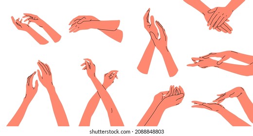 The hands of different positions are intertwined. Different poses. Graceful neat movements. . Vector illustration