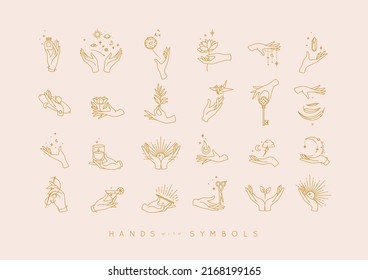 Hands in different positions with symbols and elements moon, sun, flowers, perfume, fire, cocktail, origami, key, stone, leaf, drawing in line style on light background.