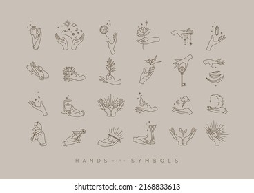 Hands in different positions with symbols and elements moon, sun, flowers, perfume, fire, cocktail, origami, key, stone, leaf, drawing in line style on beige background.