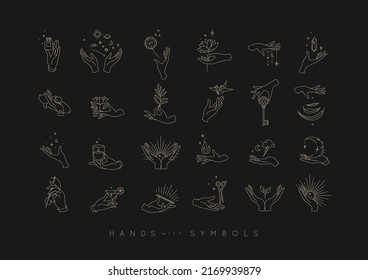 Manos en diferentes posiciones con símbolos y elementos luna, sol, flores, perfume, fuego, cóctel, origami, llave, piedra, hoja, dibujo en línea en el fondo oscuro.