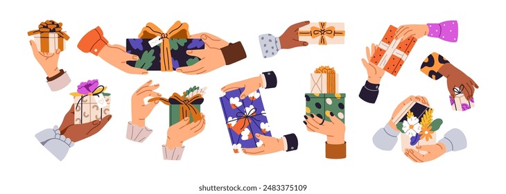 Manos con diferentes conjuntos de regalos. Las Personas sostienen, dan y reciben regalos por cumpleaños, Navidades. Enhorabuena por el intercambio de cajas de regalo sorpresa. Ilustraciones vectoriales aisladas planas sobre fondo blanco