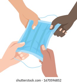 Hands of different race holding a face mask